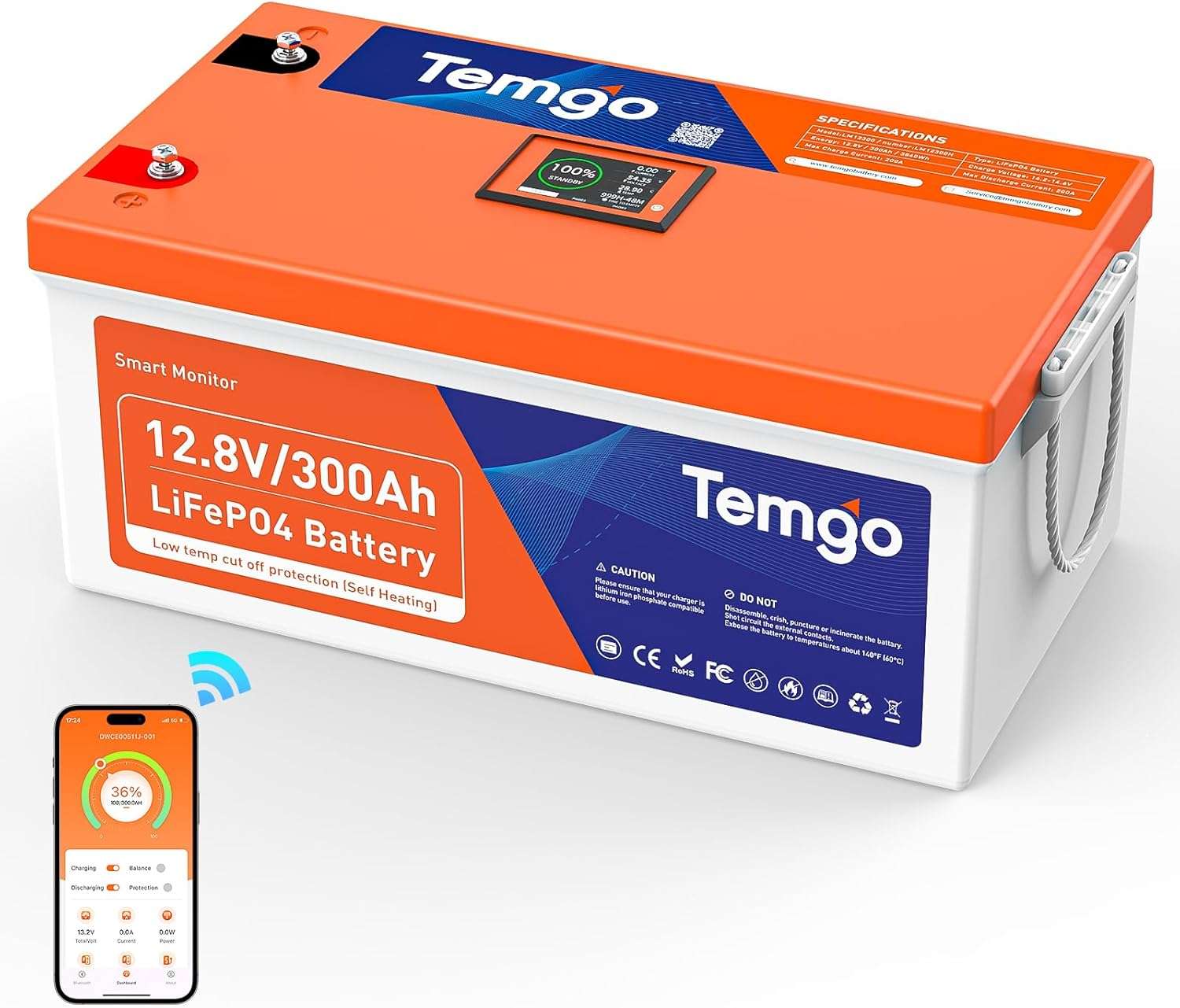 TEMGO 12V 300Ah Self-Heating LiFePO4 Lithium Battery